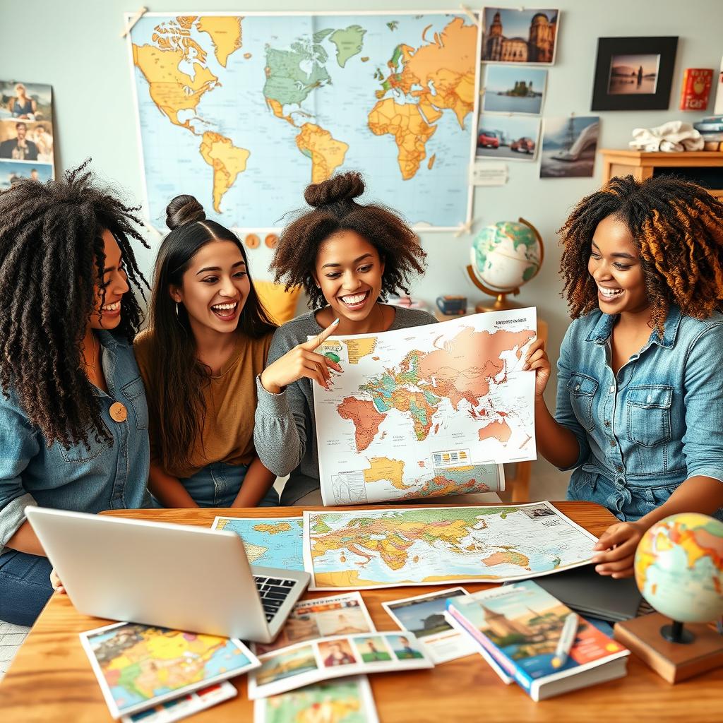 A cheerful scene depicting three diverse young women, each showcasing their unique style, excitedly planning their upcoming trip together