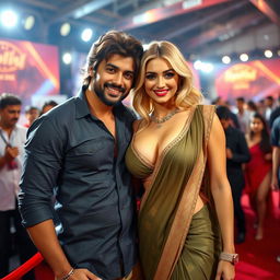 A captivating blonde woman with large breasts, elegantly adorned in a saree pallu worn over a bikini-style blouse, proudly showcasing her big breasts, ample cleavage, and navel