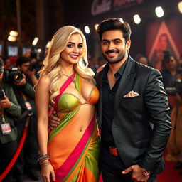 A glamorous blonde woman with big breasts, draped in a colorful saree pallu over a bikini-style blouse, confidently displaying her generous cleavage and navel
