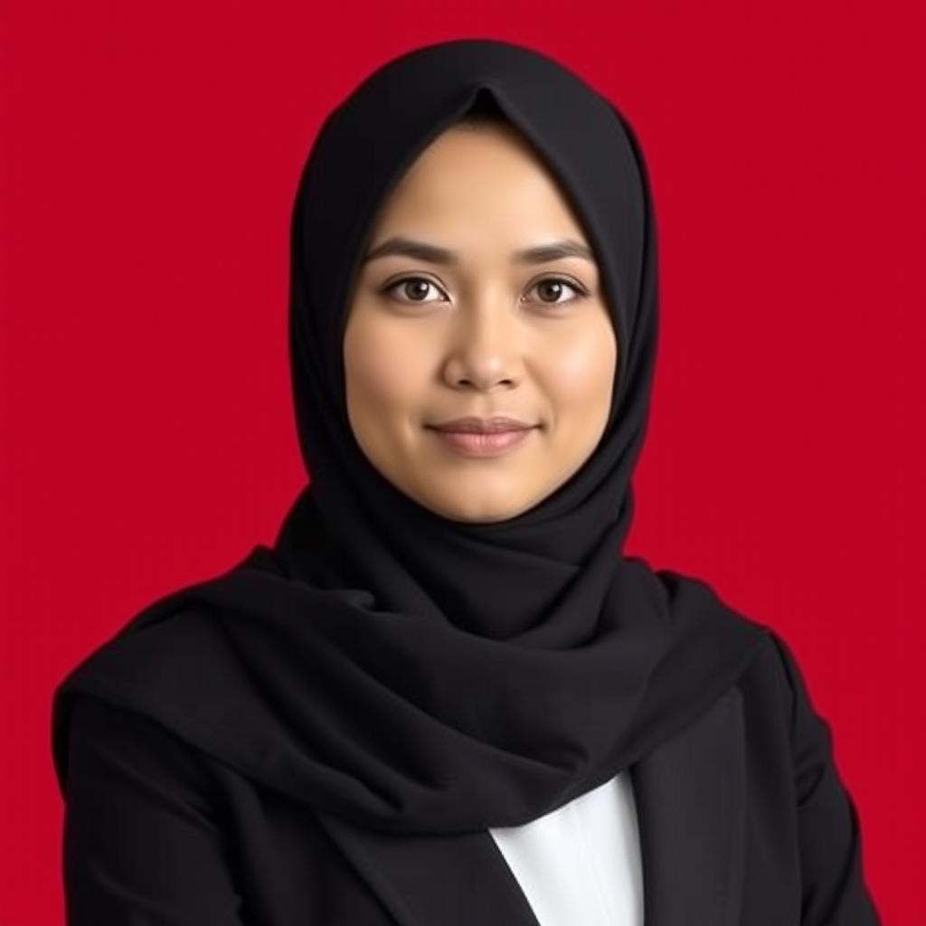 A formal portrait of a woman wearing a black hijab, her head held straight, with a vibrant red background