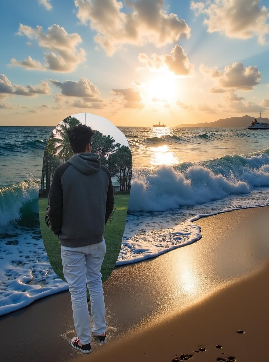 A peaceful beach scene at sunset, showcasing calm sea waves gently rolling onto the shore