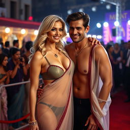 A striking blonde woman with big breasts, elegantly draped in a transparent saree pallu over a bikini-style blouse, confidently showcasing her generous cleavage and navel