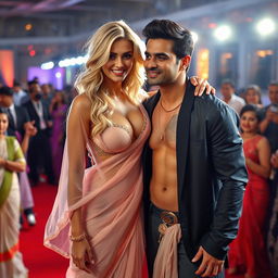 A striking blonde woman with big breasts, elegantly draped in a transparent saree pallu over a bikini-style blouse, confidently showcasing her generous cleavage and navel