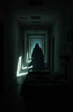 A chilling and suspenseful scene inspired by a horror video game like Outlast, set in an abandoned asylum with crumbling walls and flickering lights