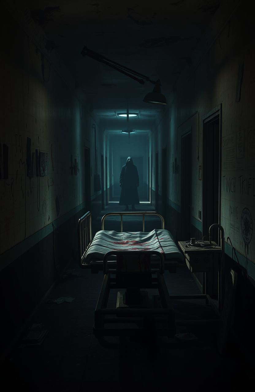 A chilling and suspenseful scene inspired by a horror video game like Outlast, set in an abandoned asylum with crumbling walls and flickering lights