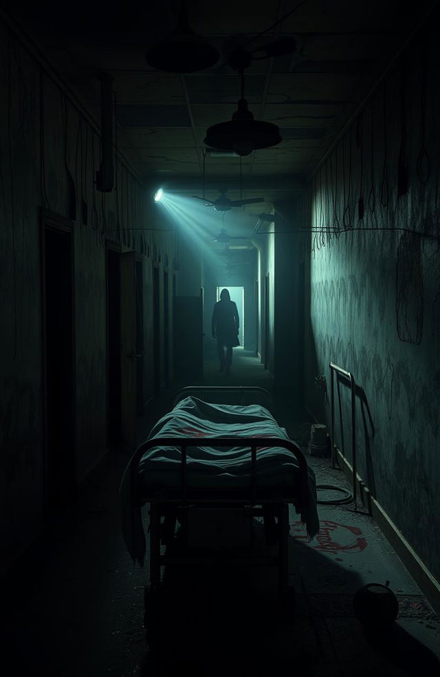 A chilling and suspenseful scene inspired by a horror video game like Outlast, set in an abandoned asylum with crumbling walls and flickering lights