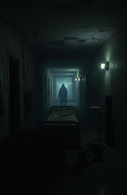 A chilling and suspenseful scene inspired by a horror video game like Outlast, set in an abandoned asylum with crumbling walls and flickering lights