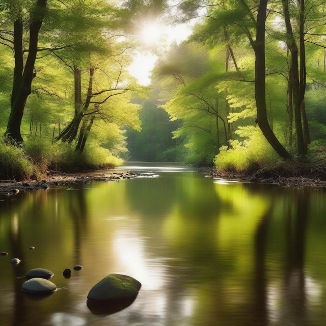 A serene and vibrant forest scene with a calm river running through it