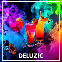 A vibrant and eye-catching Instagram profile picture for a page named 'DELUZIC', featuring a creative blend of music, drinks, and smoke