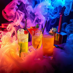 A vibrant and eye-catching Instagram profile picture for a page named 'DELUZIC', featuring a creative blend of music, drinks, and smoke