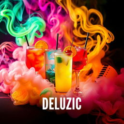 A vibrant and eye-catching Instagram profile picture for a page named 'DELUZIC', featuring a creative blend of music, drinks, and smoke