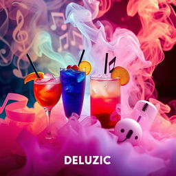 A vibrant and eye-catching Instagram profile picture for a page named 'DELUZIC', featuring a creative blend of music, drinks, and smoke