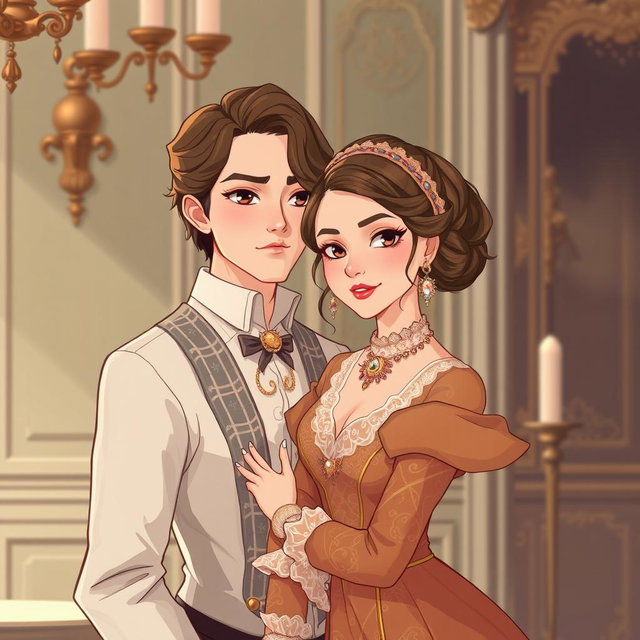 An illustration in a modern webtoon art style featuring elegant, semi-realistic characters