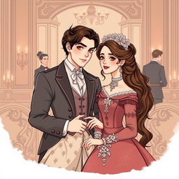 An illustration in a modern webtoon art style featuring elegant, semi-realistic characters