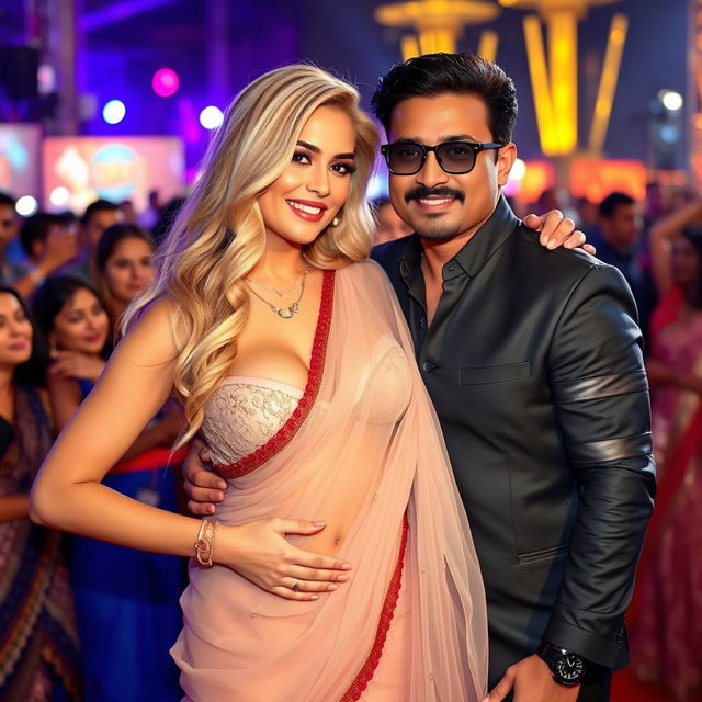 A captivating blonde woman with big breasts, gracefully wearing a transparent saree pallu over a bikini-style blouse, confidently showcasing her ample cleavage and navel