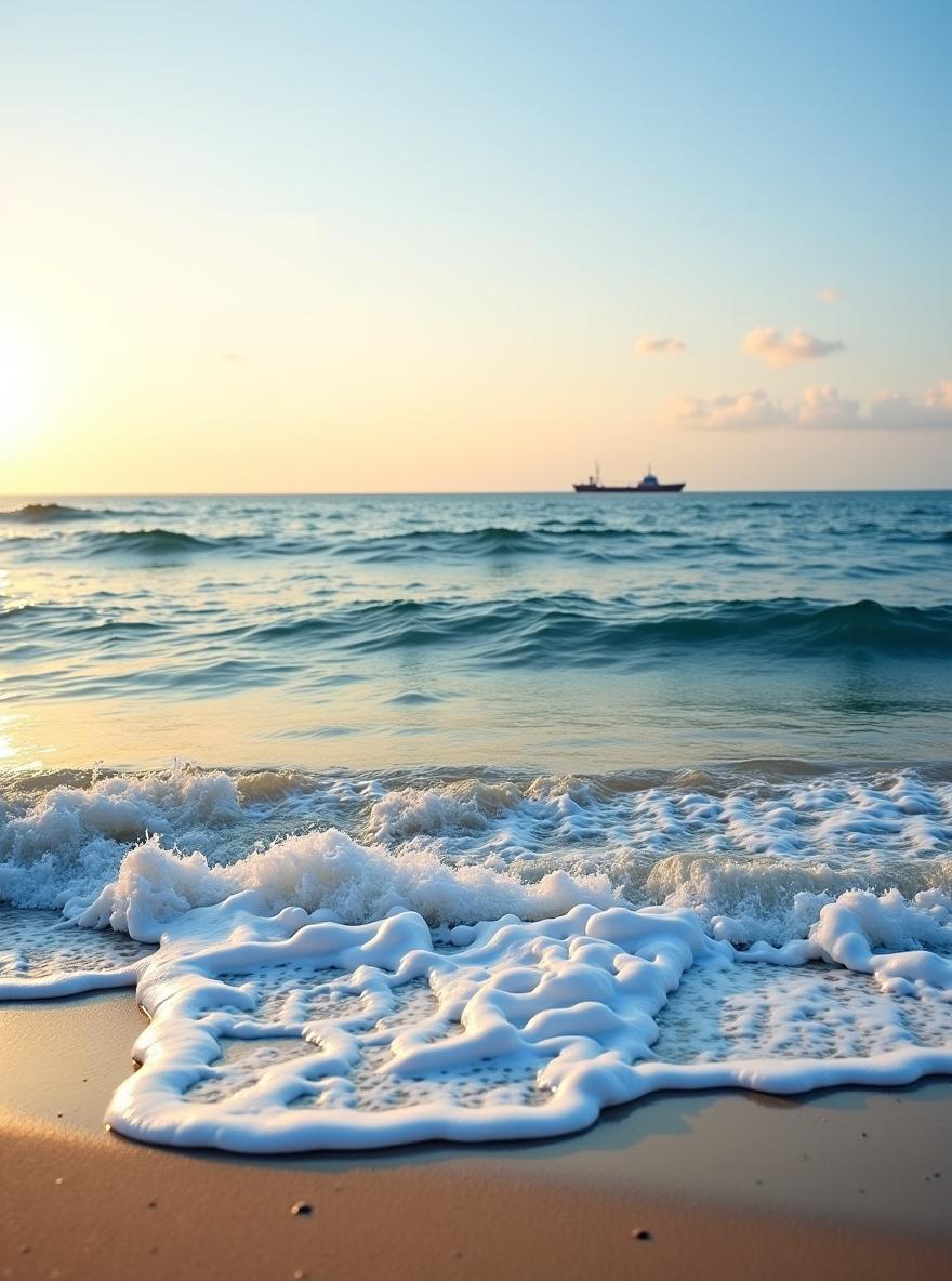 A serene beach scene during a sunny evening, showcasing gentle sea waves lapping at the shore
