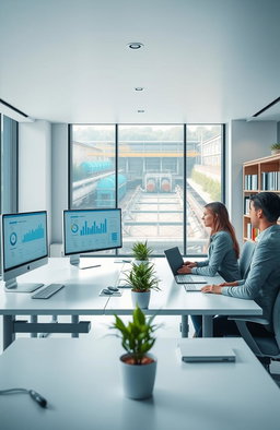 A professional office scene featuring a modern workspace with sleek desks, computer screens displaying data analytics, and a large window revealing a view of a water treatment facility