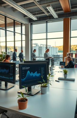 A professional office scene featuring a modern workspace with sleek desks, computer screens displaying data analytics, and a large window revealing a view of a water treatment facility