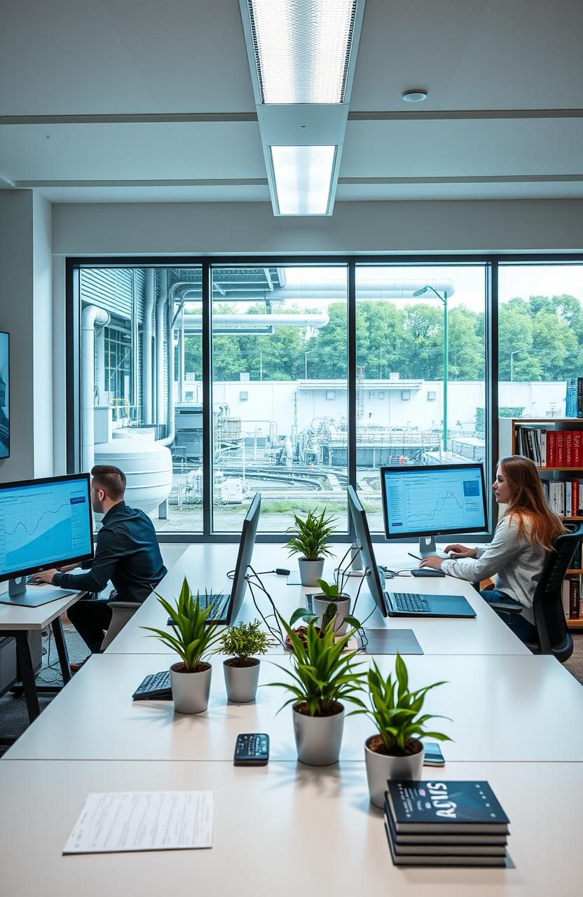 A professional office scene featuring a modern workspace with sleek desks, computer screens displaying data analytics, and a large window revealing a view of a water treatment facility