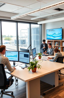 A professional office scene featuring a modern workspace with sleek desks, computer screens displaying data analytics, and a large window revealing a view of a water treatment facility