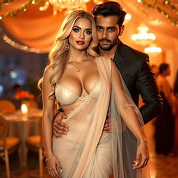 A stunning blonde woman with big breasts, elegantly wearing a transparent saree pallu over a bikini-style blouse, showcasing her ample cleavage and navel