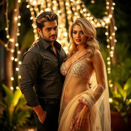 A beautiful blonde woman with big breasts, elegantly adorned in a transparent saree pallu that drapes over a bikini-style blouse, emphasizing her ample cleavage and navel