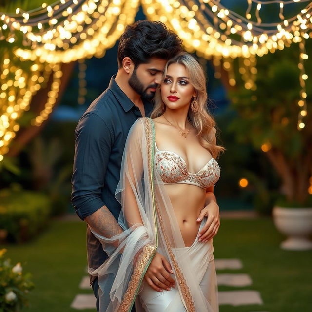 A beautiful blonde woman with big breasts, elegantly adorned in a transparent saree pallu that drapes over a bikini-style blouse, emphasizing her ample cleavage and navel