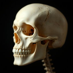 An artistic representation of a human skull, highlighting intricate details such as the sutures, nasal cavity, and dental characteristics