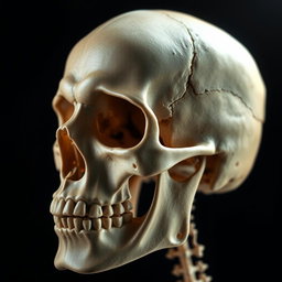An artistic representation of a human skull, highlighting intricate details such as the sutures, nasal cavity, and dental characteristics