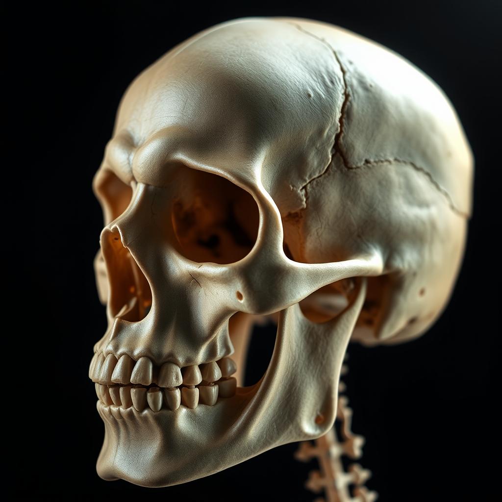 An artistic representation of a human skull, highlighting intricate details such as the sutures, nasal cavity, and dental characteristics