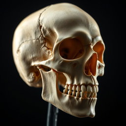 An artistic representation of a human skull, highlighting intricate details such as the sutures, nasal cavity, and dental characteristics