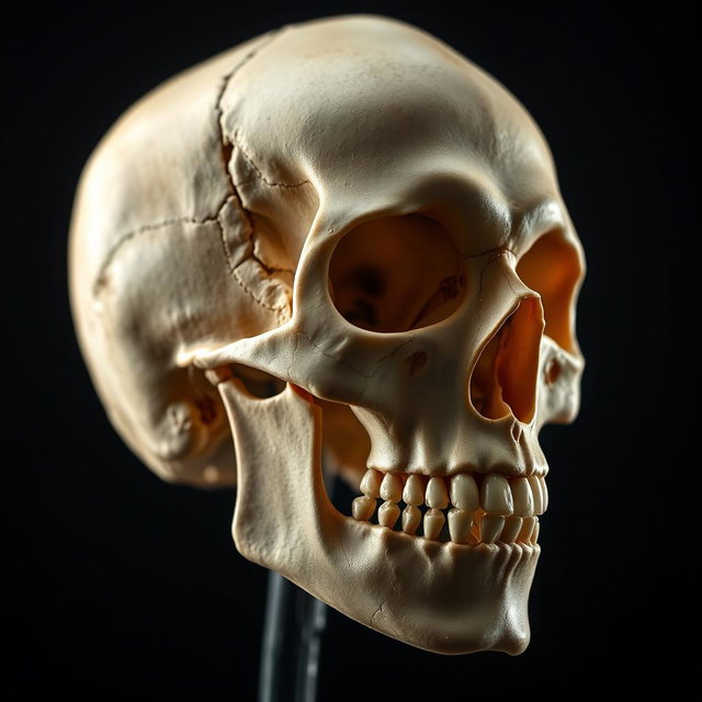 An artistic representation of a human skull, highlighting intricate details such as the sutures, nasal cavity, and dental characteristics