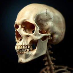 An artistic representation of a human skull, highlighting intricate details such as the sutures, nasal cavity, and dental characteristics