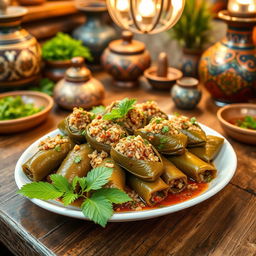 A beautifully arranged plate of traditional Iraqi dolma, showcasing grape leaves stuffed with a flavorful mix of rice, minced meat, herbs, and spices