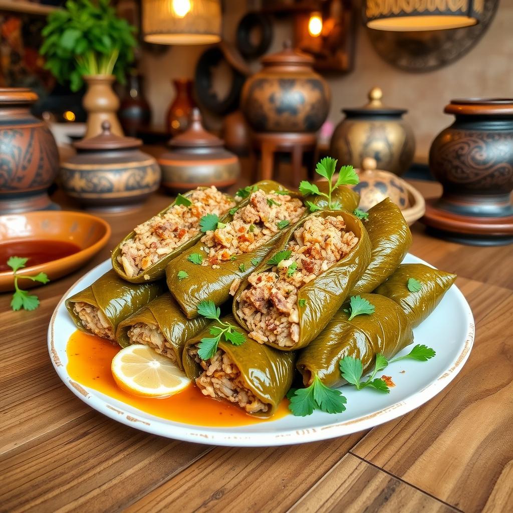 A beautifully arranged plate of traditional Iraqi dolma, showcasing grape leaves stuffed with a flavorful mix of rice, minced meat, herbs, and spices