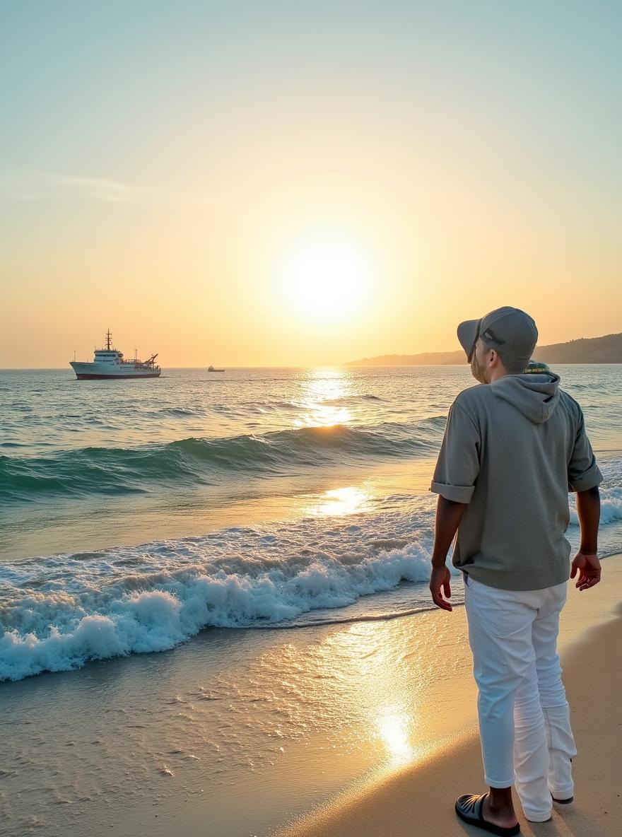 A serene beach scene during a sunny evening, showcasing clean, real-looking sea waves gently lapping at the shore