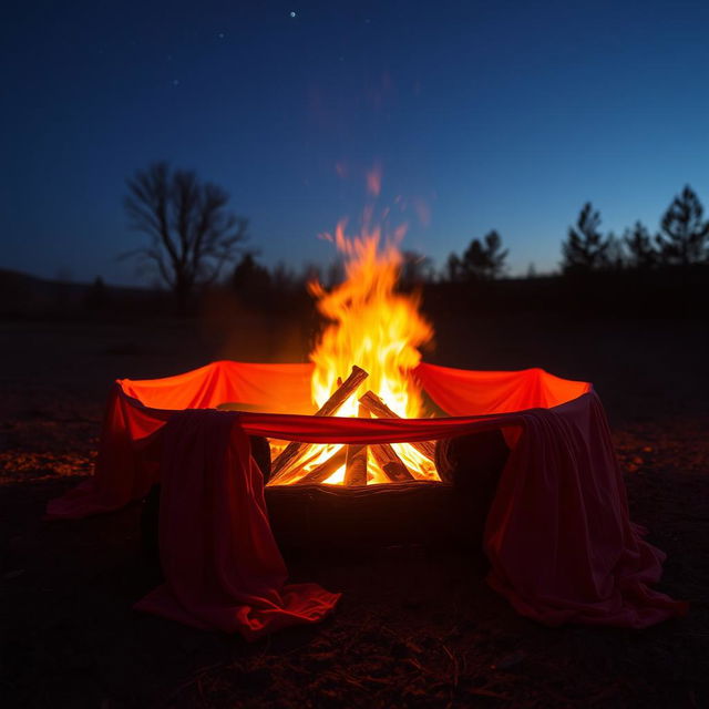 A vibrant bonfire glowing brightly in the evening, surrounded by a circle of red cloth draped elegantly on nearby logs and the ground, the flames flickering and casting warm light on the fabric