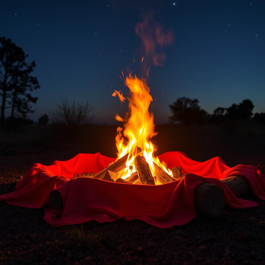A vibrant bonfire glowing brightly in the evening, surrounded by a circle of red cloth draped elegantly on nearby logs and the ground, the flames flickering and casting warm light on the fabric