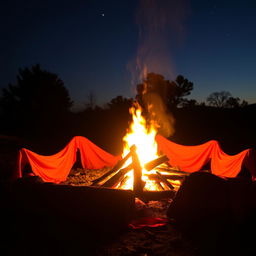 A vibrant bonfire glowing brightly in the evening, surrounded by a circle of red cloth draped elegantly on nearby logs and the ground, the flames flickering and casting warm light on the fabric