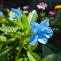 A beautiful blue flower blooming in a tranquil garden, surrounded by lush green leaves