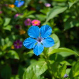 A beautiful blue flower blooming in a tranquil garden, surrounded by lush green leaves