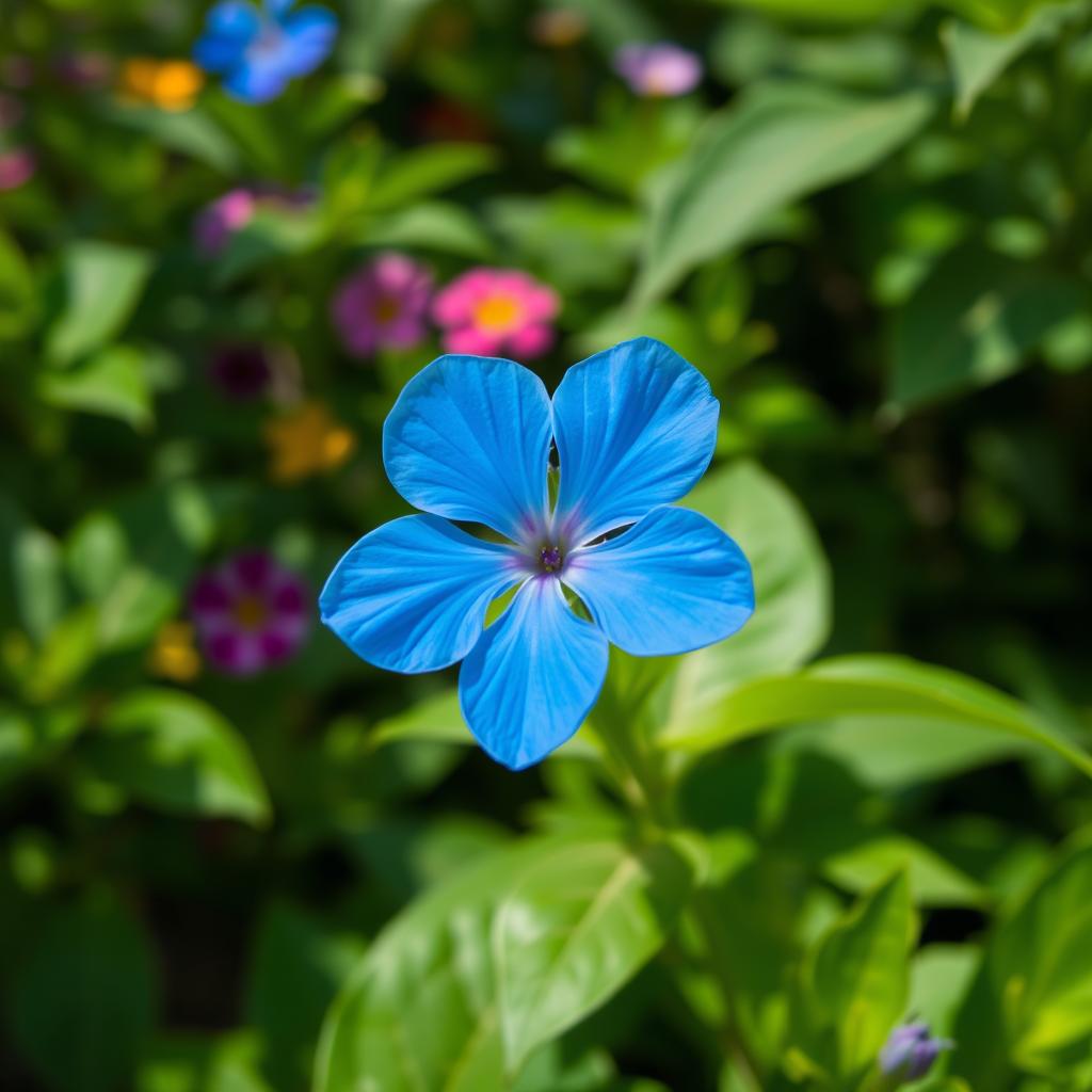 A beautiful blue flower blooming in a tranquil garden, surrounded by lush green leaves