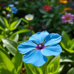 A beautiful blue flower blooming in a tranquil garden, surrounded by lush green leaves