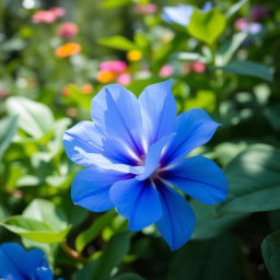 A beautiful blue flower blooming in a tranquil garden, surrounded by lush green leaves
