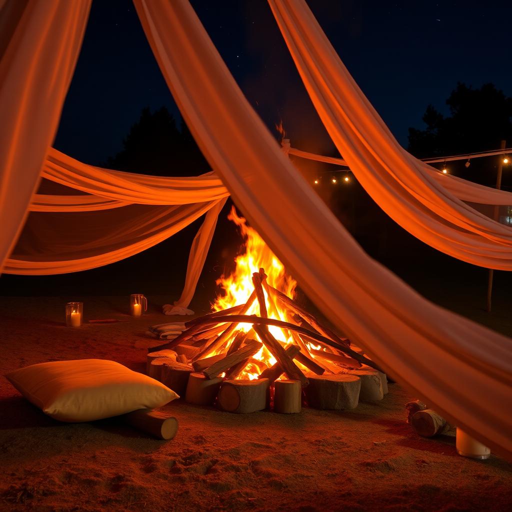 A vibrant bonfire, crackling with flames, surrounded by white linen fabric gently fluttering in the breeze, creating an inviting ambiance