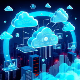 A visually appealing and futuristic representation of cloud computing, showcasing various elements such as interconnected clouds, data streams, servers, and digital devices