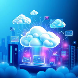 A visually appealing and futuristic representation of cloud computing, showcasing various elements such as interconnected clouds, data streams, servers, and digital devices