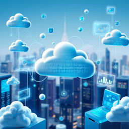 A visually appealing and futuristic representation of cloud computing, showcasing various elements such as interconnected clouds, data streams, servers, and digital devices