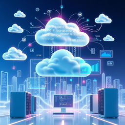 A visually appealing and futuristic representation of cloud computing, showcasing various elements such as interconnected clouds, data streams, servers, and digital devices