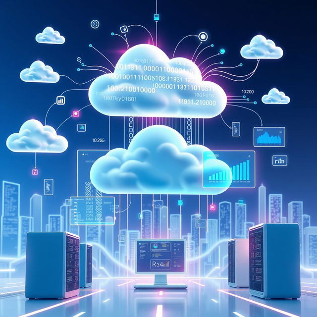 A visually appealing and futuristic representation of cloud computing, showcasing various elements such as interconnected clouds, data streams, servers, and digital devices